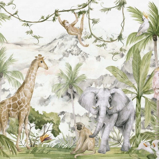Tapet cu animale din jungla, ilustrat cu o girafa, un elefant, o maimuta si un papagal.