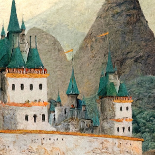 Tapet Castelul Viselor - Un castel de basm așezat pe un deal pitoresc, cu culori pastelate și texturi bogate.