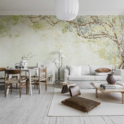 Tapet cu arbore înflorit, Spring Tree, pe un perete din living.