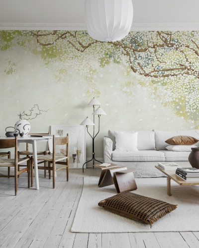 Tapet cu arbore înflorit, Spring Tree, pe un perete din living.