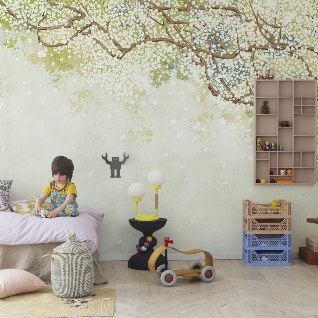 Tapet Spring Tree Tapet cu arbore înflorit, Spring Tree, pe un perete din living.