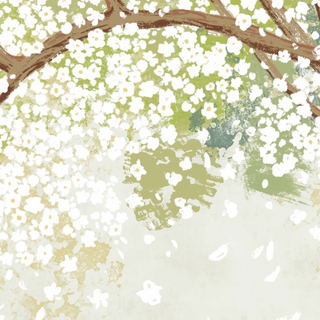 Tapet Spring Tree Tapet cu arbore înflorit, Spring Tree, pe un perete din living.