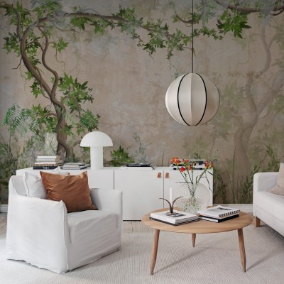 Tapet Curly Trees, cu design rustic cu copaci cu ramuri impletite, culori calde si liniștitoare