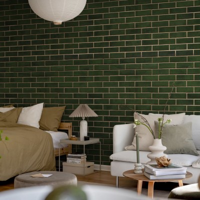 Tapet perete cu design de cărămidă verde închis