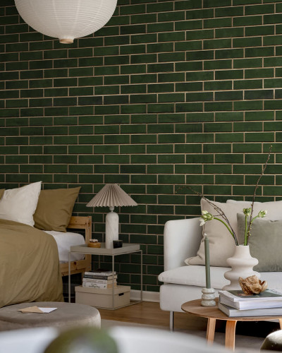 Tapet perete cu design de cărămidă verde închis