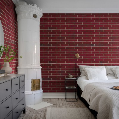 Tapet cu aspect de cărămidă roșie, Wall of Tiles, Ruby Red