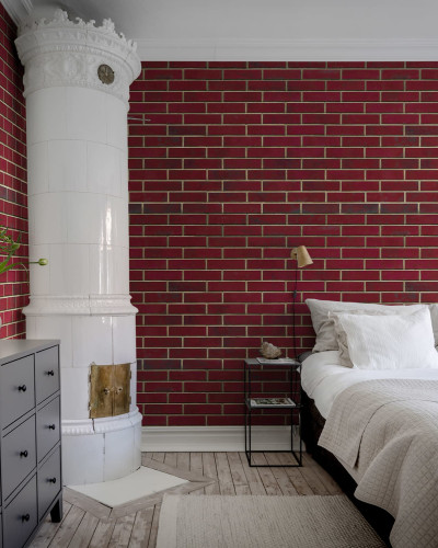 Tapet cu aspect de cărămidă roșie, Wall of Tiles, Ruby Red