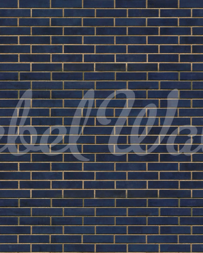Wallpaper cu aspect de cărămidă, în nuanțe de albastru închis.