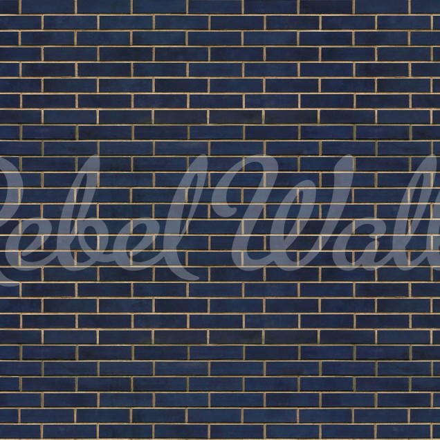 Wallpaper cu aspect de cărămidă, în nuanțe de albastru închis.
