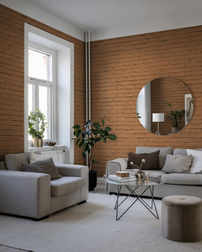 Tapet perete de cărămidă terracotta cu design realist, perfect pentru a crea un spațiu unic și primitor.