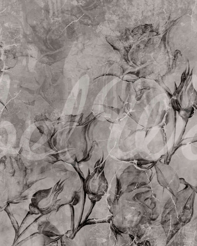 Tapet cu trandafiri vintage, design floral gri pe un fundal texturat care imită piatra.