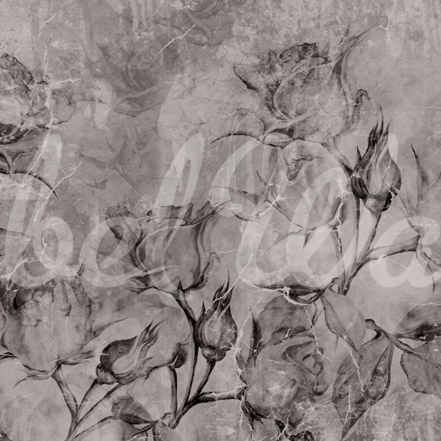 Tapet cu trandafiri vintage, design floral gri pe un fundal texturat care imită piatra.