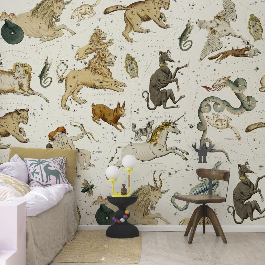 Tapet cu design Zodiacal, Night, cu constelațiile Zodiacului pe fundal negru.