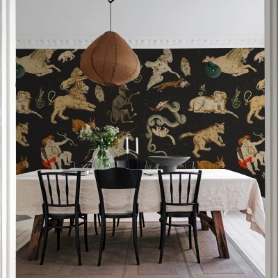 Tapet cu design Zodiacal, Night, cu constelațiile Zodiacului pe fundal negru.