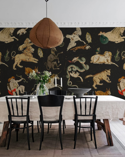 Tapet cu design Zodiacal, Night, cu constelațiile Zodiacului pe fundal negru.