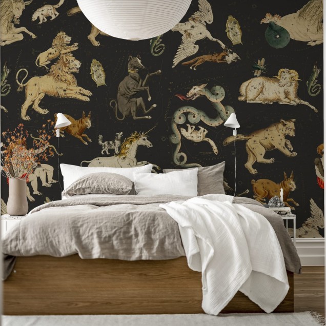 Tapet cu design Zodiacal, Night, cu constelațiile Zodiacului pe fundal negru.