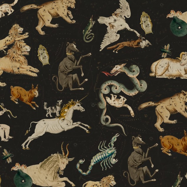 Tapet cu design Zodiacal, Night, cu constelațiile Zodiacului pe fundal negru.