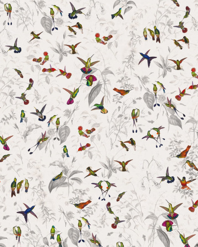 Tapet cu colibri multicolori pe un fundal crem