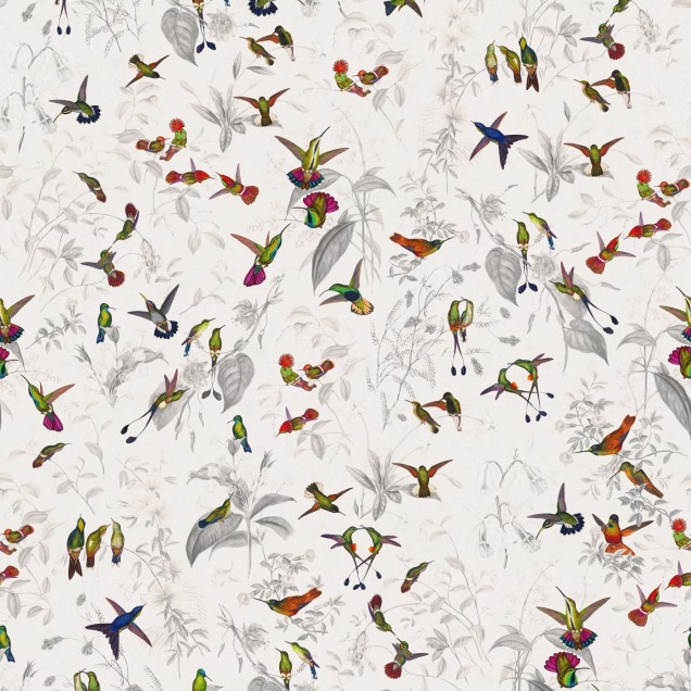 Tapet cu colibri multicolori pe un fundal crem