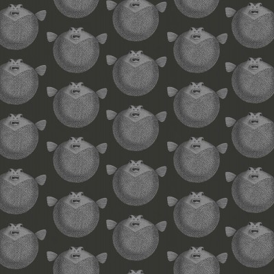 Tapet Puffer Fish cu un design modern cu pești balon gri pe fond negru, decorat în bucătărie.