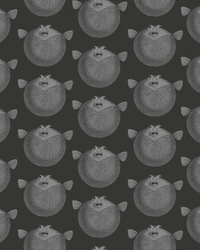 Tapet Puffer Fish cu un design modern cu pești balon gri pe fond negru, decorat în bucătărie.