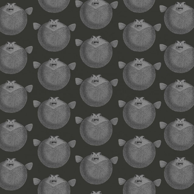 Tapet Puffer Fish cu un design modern cu pești balon gri pe fond negru, decorat în bucătărie.