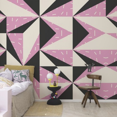 Tapet geometric modern cu un design in culori vibrante roz, negru și crem. Perfect pentru living, dormitor, hol sau birou.