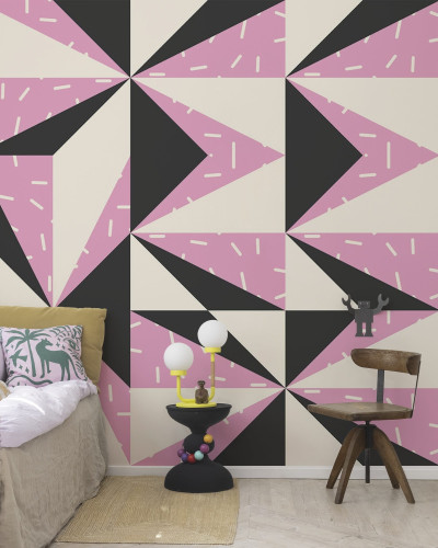 Tapet geometric modern cu un design in culori vibrante roz, negru și crem. Perfect pentru living, dormitor, hol sau birou.