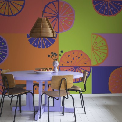 Lemon Slices, Neon - tapet cu felii de lămâie în culori neon, perfect pentru un design modern și vibrant.