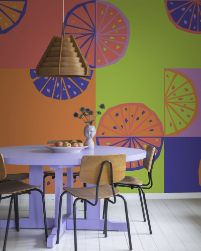 Lemon Slices, Neon - tapet cu felii de lămâie în culori neon, perfect pentru un design modern și vibrant.