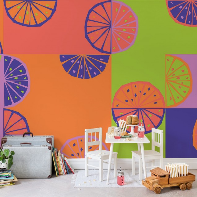 Lemon Slices, Neon - tapet cu felii de lămâie în culori neon, perfect pentru un design modern și vibrant.