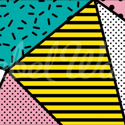 Tapet geometric retro cu dungi galbene, puncte negre și accente de verde