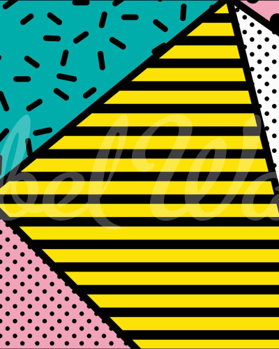 Tapet geometric retro cu dungi galbene, puncte negre și accente de verde