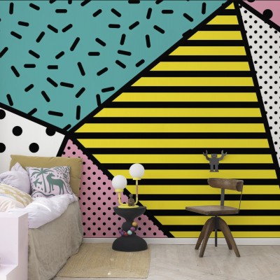 Tapet geometric retro cu dungi galbene, puncte negre și accente de verde