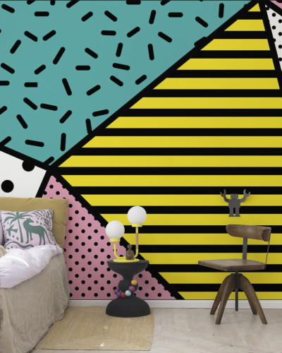 Tapet geometric retro cu dungi galbene, puncte negre și accente de verde