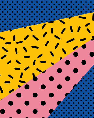 Tapet geometric cu model din anii '90, cu forme geometrice și culori vibrante.