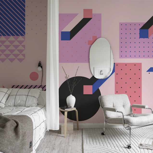 Tapet Pop Art cu forme geometrice vibrante și culori intense.