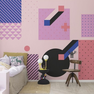 Tapet Pop Art cu forme geometrice vibrante și culori intense.