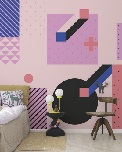 Tapet Pop Art cu forme geometrice vibrante și culori intense.