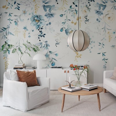 Tapet floral cu design delicat, culori pastelate si detalii aurii.