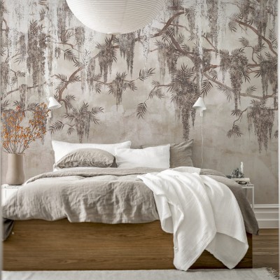 Tapet floral cu wisteria în dormitor, design interior elegant.