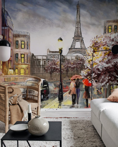 Fototapet "Painting Paris" cu o imagine a Turnului Eiffel si a stradutelor pitoresti din Paris