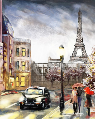 Fototapet "Painting Paris" cu o imagine a Turnului Eiffel si a stradutelor pitoresti din Paris