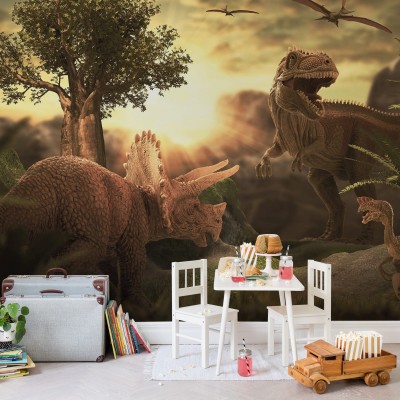 Tapet Dinosaur Park -  Un tapet cu dinozauri pentru camera copilului, ilustrează un parc plin de dinozauri, cu un T-Rex impunător, un Triceratops prietenos și pterodactili care zboară deasupra.