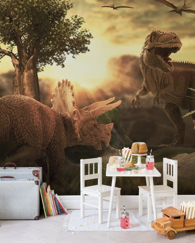 Tapet Dinosaur Park -  Un tapet cu dinozauri pentru camera copilului, ilustrează un parc plin de dinozauri, cu un T-Rex impunător, un Triceratops prietenos și pterodactili care zboară deasupra.