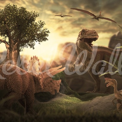 Tapet Dinosaur Park -  Un tapet cu dinozauri pentru camera copilului, ilustrează un parc plin de dinozauri, cu un T-Rex impunător, un Triceratops prietenos și pterodactili care zboară deasupra.