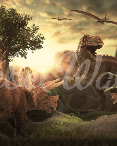 Tapet Dinosaur Park -  Un tapet cu dinozauri pentru camera copilului, ilustrează un parc plin de dinozauri, cu un T-Rex impunător, un Triceratops prietenos și pterodactili care zboară deasupra.