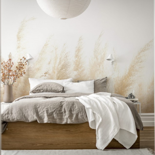 Tapet Soft Reed cu design minimalist de nuanțe calde de bej și maro.