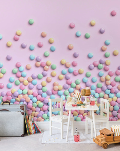 Wallpaper Candy cu bomboane colorate pe fond roz