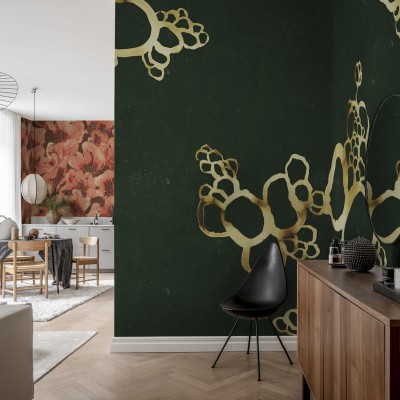 Tapet abstract cu forme aurii pe un fundal verde închis